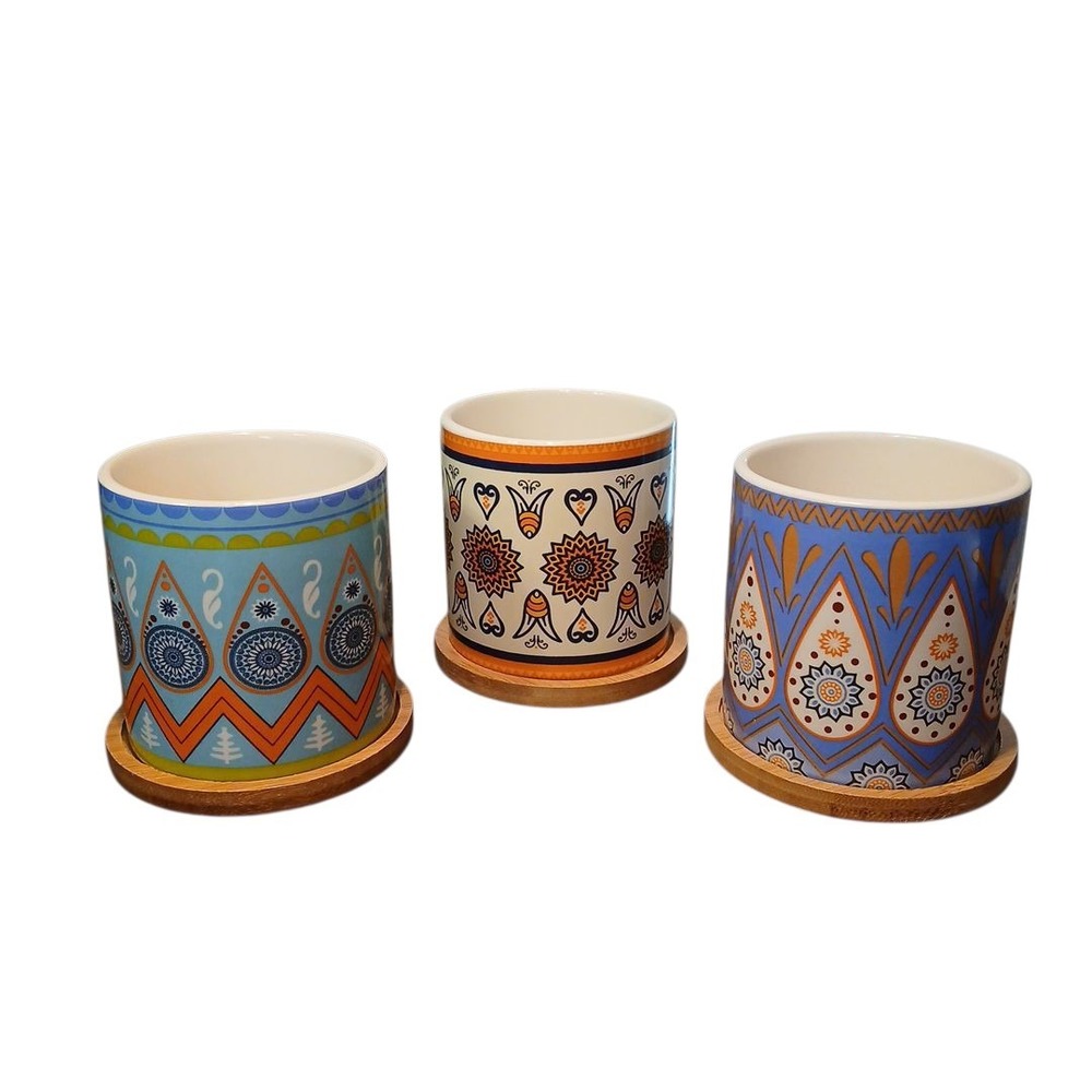 Set of 3 BOHO Ceramic w/Teakwood Saucers Colorful Succulent Window Planters 3"